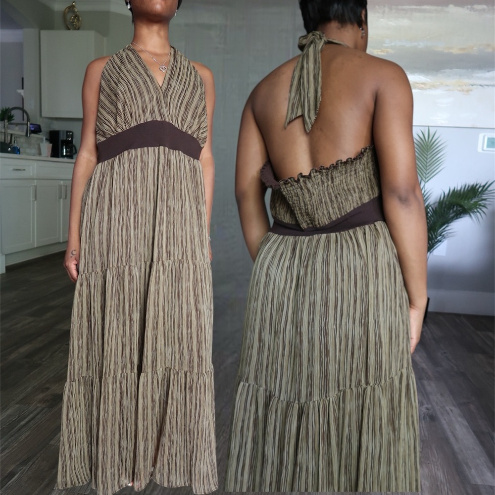 jonathan martin Olive Brown Striped Halter-Back Maxi Dress